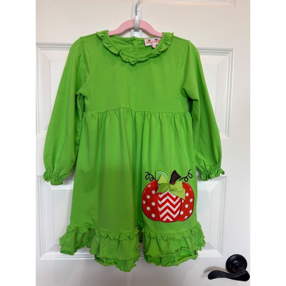 Smock Monkey Girls Lime Green Pumpkin Applique Ruffle Dress 6T Long Sleeve Fall